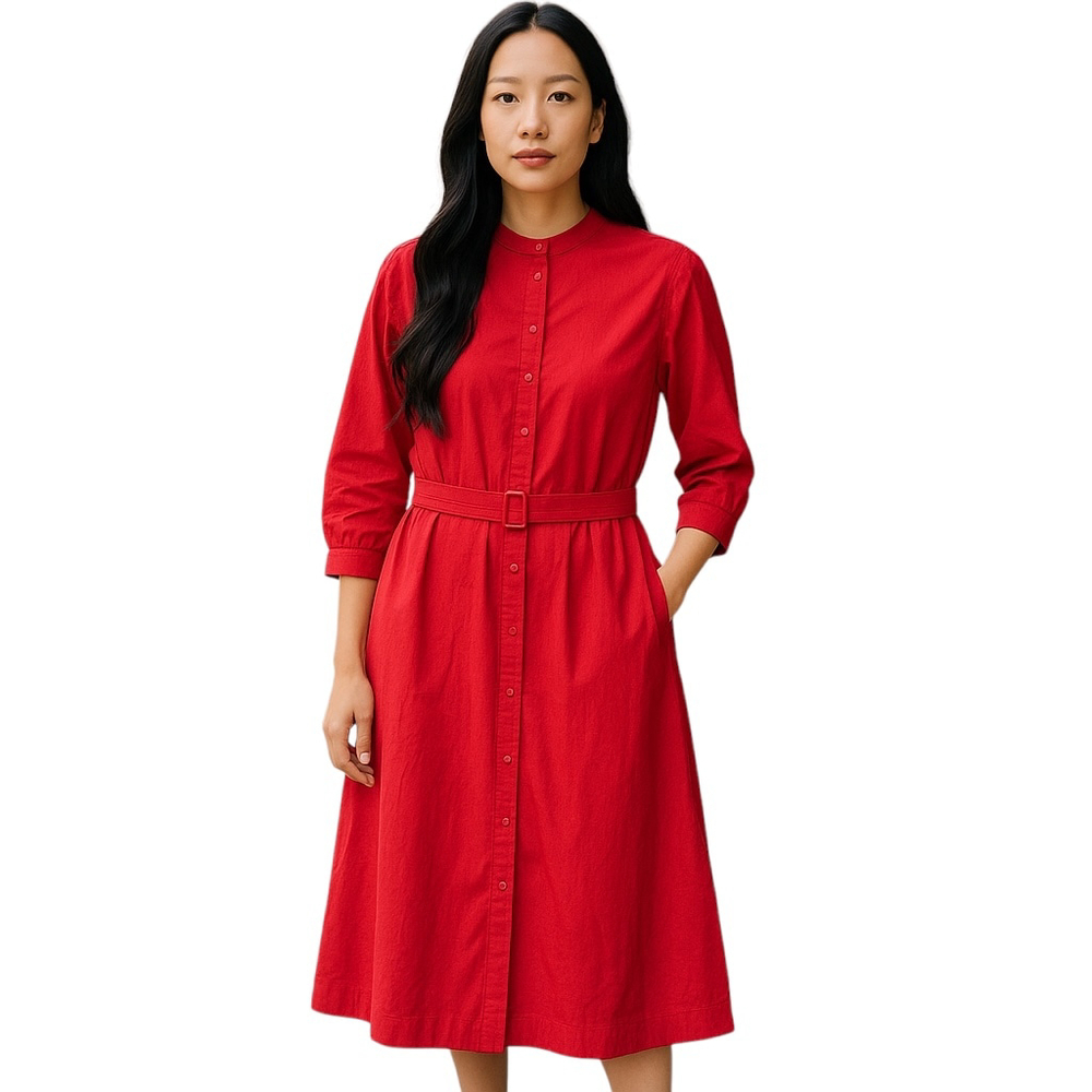 Vintage 80s Lisa Clark Red Belted Midi Dress 3/4 Sleeve Lightweight SIZE 10